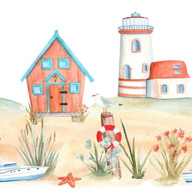 Deniz feneri, sahil kulübesi, martı, yat oyuncağı, denizyıldızı suluboya, beyaz üzerine izole edilmiş sınır. Kağıtlar, tekstil, afişler, kitap tasarımı, sabit dekor için mükemmel bir el boyaması. Deniz kenarı.
