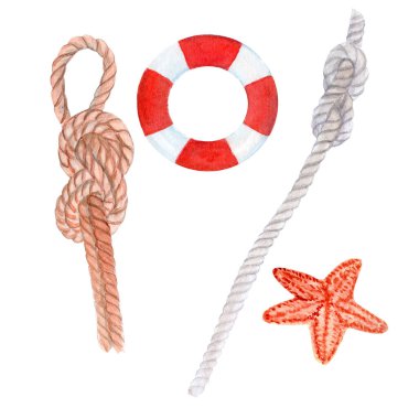 Lifebuoy, resif düğümü, denizcilerin ipi, beyaz üzerine izole edilmiş denizyıldızı suluboya seti. Kart ve posterler, ambalaj seyahati, seyahat tasarımı, reklam, etiket ve logo dekoru için mükemmel el boyaması sanat