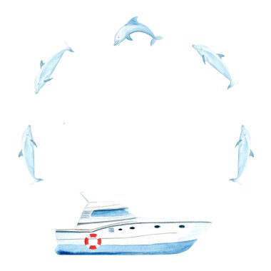 Yat yunusları yaşam şamandırası suluboya yuvarlak çerçeve beyaz üzerinde izole. El boyama sanatı kartlar, afişler, reklamlar, davetiyeler, haritalar ve kitaplar için mükemmel. Seyahat tasarımı. Mavi kırmızı monokrom