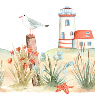 Deniz feneri, martı, yabani ot, denizyıldızı suluboya, beyaza izole edilmiş sınır. Kart, pankart, tekstil, kitap tasarımı, sabit dekor için mükemmel bir el boyaması. Deniz kenarı doğası.