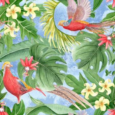 Altın sülün, tutku çiçeği, canavar yaprakları, tropikal yapraklar, mavi arka planda dikişsiz suluboya deseni. El yapımı tasarım ambalaj kağıdı, tekstil, duvar kağıdı için mükemmel. Yağmur ormanları tırmanışı