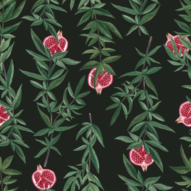 Yeşil dallar ve nar, koyu yeşil üzerinde dikişsiz suluboya deseni. Yüksek kalitede el boyaması çizimler kağıt, tekstil, botanik tasarımlar ve baskılar için mükemmeldir.