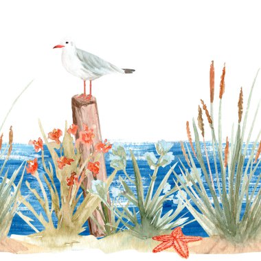 Yaban otları, bir direğin üzerinde duran martılar, beyaza izole edilmiş deniz suluboya dikişsiz sınırlar. Kart, pankart, tekstil, kitap tasarımı, sabit dekor için mükemmel bir el boyaması. Deniz kenarı doğası