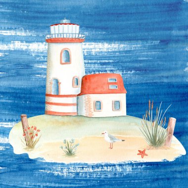 Beyaz bir adada izole edilmiş deniz feneri suluboya. Kartlar, afişler, reklamlar, posterler, dekorlar ve tasarım için el yapımı klipsler ideal. Turizm, seyahat, seyahat tasarımı.