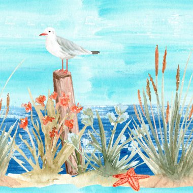 Kıyı otları, ahşap bir direkte martı, dikişsiz deniz boyası sınırı. Web sitesi başlıkları, ambalajlama, blog geçmişleri, etiketler, kumaş kenarları ve duvar sanatı için mükemmel. Deniz temalı, plaj temalı tasarımlar.