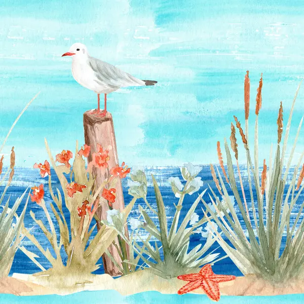 Kıyı otları, ahşap bir direkte martı, dikişsiz deniz boyası sınırı. Web sitesi başlıkları, ambalajlama, blog geçmişleri, etiketler, kumaş kenarları ve duvar sanatı için mükemmel. Deniz temalı, plaj temalı tasarımlar.