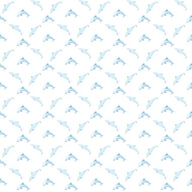 İki yunus, beyaza izole edilmiş dikişsiz bir şekilde suluboya desen çiziyor. Not defterleri, ambalaj kağıtları, duvar kağıtları, çantalar, kartlar, eko, turizm, oda dekorasyonu ve