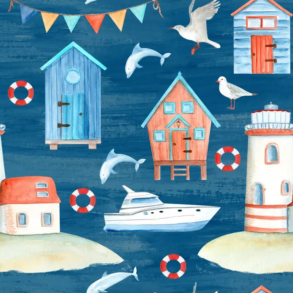 Yat, yunus, ahşap kulübeler ve deniz feneri suluboya desenleri mavinin üzerinde. El boyama sanatı yaz temalı kumaş, plaj kıyafeti, ev dekorasyonu, kıyı butikleri için markalaşma ya da durağanlık için mükemmel..
