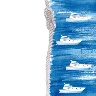 Yat suluboya dikey çerçeve mavi ve beyaz. Kartlar, yaz tasarımı, ambalajlama, web siteleri veya kıyı markalaşma projeleri, kitap illüstrasyonu, sabit seyahat tasarımı için mükemmel el boyaması sanatı. 