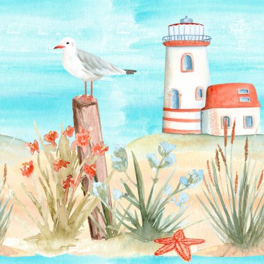 Kıyı otları, martılar, deniz feneri, denizyıldızı suluboya, dikişsiz sınır. Web sitesi başlıkları, ambalajlama, blog geçmişleri, etiketler, kumaş kenarları ve duvar sanatı için mükemmel. Deniz temalı, plaj temalı tasarımlar.