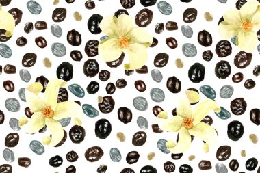 Papaya tohumu ve çiçekleri sulu boya deseni beyaza izole edilmiş. Elle boyanmış meyve tokası sanat mutfak tasarımları, tekstil, ambalaj kağıdı, baskılar, kartlar, paketler, yapıştırma kitabı için mükemmeldir.