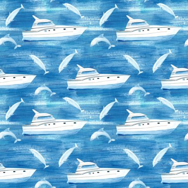 Dokulu mavi arka planda, dikişsiz suluboya desenli yatlar ve yunuslar. Elle boyanmış denizci teması. Kumaş, duvar kâğıdı, ambalaj kağıdı, hatıra defteri, kırtasiye ve yaz için mükemmel.