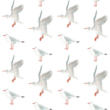 Uçan ve ayakta duran martılar beyaz arka planda dikişsiz suluboya desenleri. Elle boyanmış sahil tasarımı. Kumaş, çocuk dekorasyonu, ambalaj kağıdı, duvar kâğıdı ve kırtasiye için ideal.. 