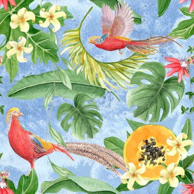 Altın sülünler, canavar yaprakları, egzotik çiçekler ve papayalı suluboya kusursuz desen. El yapımı canlı tasarım tekstil, ambalaj, duvar kağıdı ve yaz markalaşması için ideal.