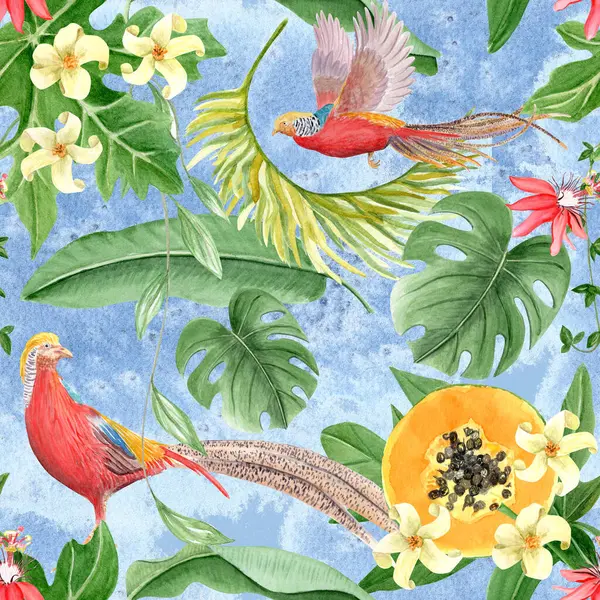 Altın sülünler, canavar yaprakları, egzotik çiçekler ve papayalı suluboya kusursuz desen. El yapımı canlı tasarım tekstil, ambalaj, duvar kağıdı ve yaz markalaşması için ideal.
