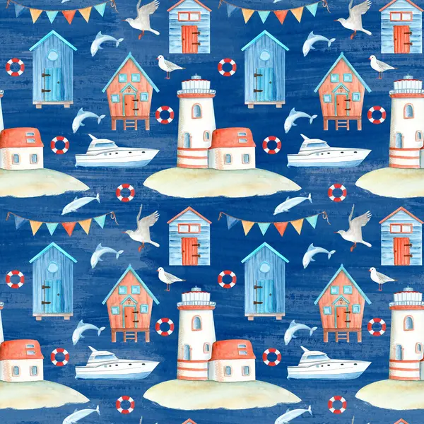 Yat, yunus, ahşap kulübeler ve deniz feneri suluboya desenleri mavinin üzerinde. El boyama sanatı yaz temalı kumaş, plaj kıyafeti, ev dekorasyonu, kıyı butikleri için markalaşma ya da durağanlık için mükemmel..
