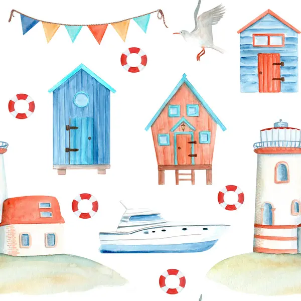 Yat, can simidi, tahta kamaralar ve beyaz üzerinde dikişsiz deniz feneri suluboya deseni. El boyama sanatı yaz temalı kumaş, plaj kıyafeti, ev dekorasyonu, kıyı butikleri için markalaşma için mükemmel..