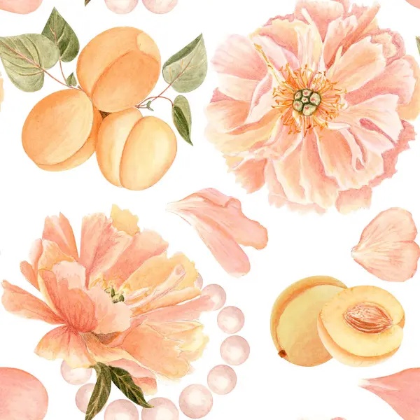 Sulu şeftaliler, kayısılar çiçek açan şakayıklar, taç yaprakları ve inciler dikişsiz desenler, tekstil tasarımı, markalaşma, kırtasiye, kozmetik ürünleri, paketleme ve yaz temalı işletmeler için mükemmel. Mercan