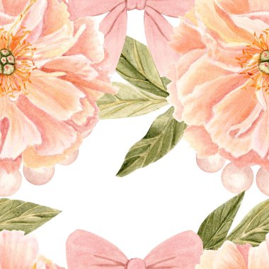 Pembe şakayık çiçekleri, yumuşak incilerle çevrili yapraklar tekrar eden dizayn suluboya terzi desenleri beyaza izole edilmiş. Kumaş baskıları, düğün dekorasyonu, kadınsı damgalama, ambalaj için mükemmel.