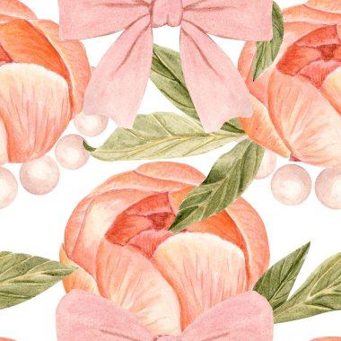 Pembe yaylar, şakayıklar, yeşil yapraklar ve beyaz arka planda dikişsiz suluboya desenleri. Yumuşak tonlarda elle boyanmış. Tekstil, ambalaj, duvar kağıtları, kırtasiye malzemeleri, düğünler ve...