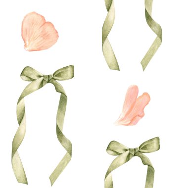 Zarif yeşil kurdele akan kuyruklar, suluboya desenleri beyazda izole edilmiş. Hediyelik eşya dükkanı, düğün kırtasiyesi, hayır işi ambalajı, romantik grafik tasarım projeleri için ideal..