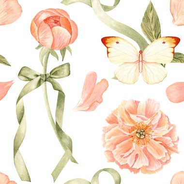 Şakayıklar, kelebekler, taç yaprakları, ve yeşil kurdeleli suluboya desenli beyaz. Yumuşak pastel tonlarda elle boyanmış. Düğün kırtasiyesi, markalaşma, tekstil, ambalaj ve kadınsı tasarım için ideal.