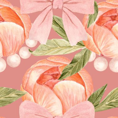 Pembe yaylar, şakayıklar, yeşil yapraklar ve tozlu gül arka planında dikişsiz suluboya desenleri. Elle boyanmış yumuşak tonlar. Tekstil, ambalaj, duvar kağıtları, kırtasiye malzemeleri, düğünler, markalaşma için mükemmel..