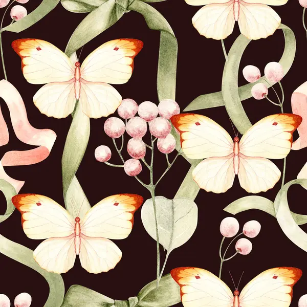 Siyah arka planda krema ve turuncu kelebekler. Kusursuz suluboya desenli, elle boyanmış. Tekstil, markalaşma, ambalaj, düğün dekorasyonu, kırtasiye ve yaratıcı iş projeleri için ideal.