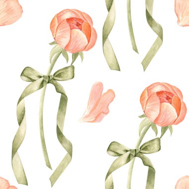 Şakayık tomurcukları, yeşil kurdele akan kuyruklar, sulu boya deseni beyaza izole edilmiş. Hediyelik eşya dükkanı, düğün kırtasiyesi, hayır işi ambalajı, romantik grafik tasarım projeleri için ideal..