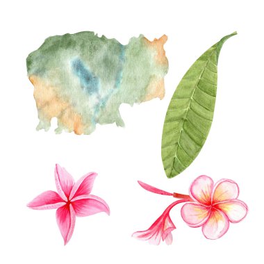 Kamboçya haritası, tropikal yaprak ve iki Plumeria çiçeği suluboya resim seti. Seyahat tasarımı, ekolojik ambalaj, botanik markalaşma, hediyelik eşya, tatil posterleri, kültürel turizm projeleri için mükemmel.