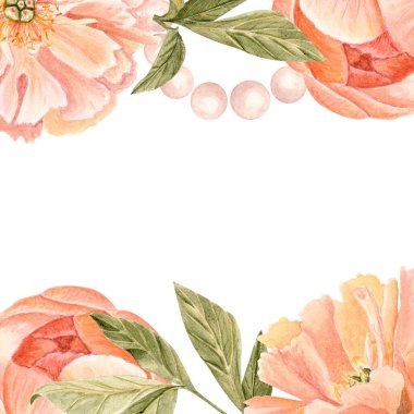 Beyaz üzerine yaprakları ve incileri olan yumuşak mercan şakayıkları sulu boyayla boyanmış düğün davetiyeleri, davetiye kartları, marka, ambalaj ve romantik kırtasiye için zarif kırtasiye malzemeleri.