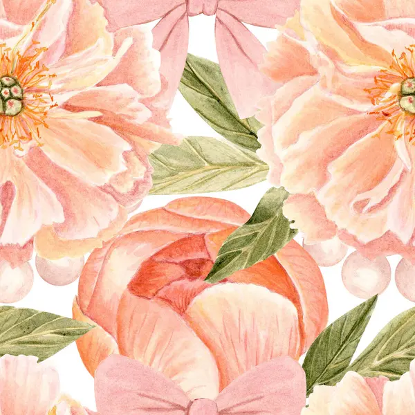 Pembe şakayık çiçekleri, yumuşak incilerle çevrili yapraklar tekrar eden dizayn suluboya terzi desenleri beyaza izole edilmiş. Kumaş baskıları, düğün dekorasyonu, kadınsı damgalama, ambalaj için mükemmel.