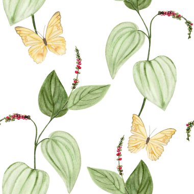 Karabiberli Kampot biber bitkisi dalı, sarı kelebekler pürüzsüz desenli. Elle boyanmış suluboya beyaza izole edilmiş. Paketleme, aşçılık tasarımı, markalaşma, tekstil veya ekolojik etiketler için mükemmel