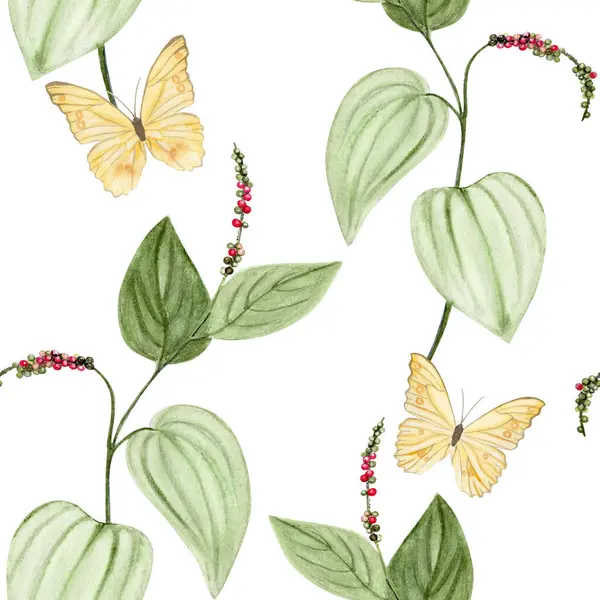 Karabiberli Kampot biber bitkisi dalı, sarı kelebekler pürüzsüz desenli. Elle boyanmış suluboya beyaza izole edilmiş. Paketleme, aşçılık tasarımı, markalaşma, tekstil veya ekolojik etiketler için mükemmel