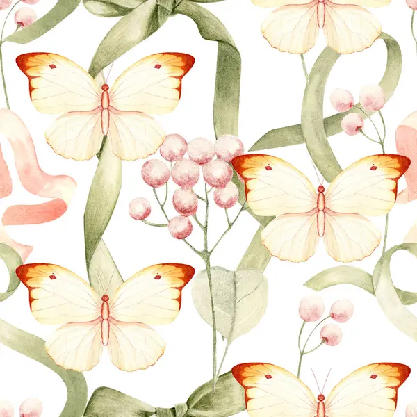 Krema ve turuncu kelebekler pembe böğürtlenli ve yeşil kurdeleli beyaz. Kusursuz suluboya deseni. Tekstil, markalaşma, ambalaj, düğün dekorasyonu, kırtasiye, yaratıcı iş projeleri için ideal.