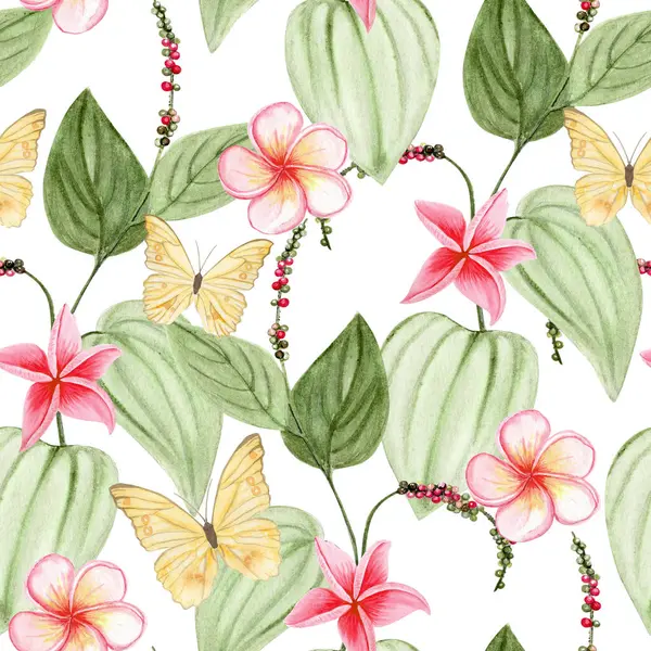 Karabiberli karabiber bitkisi, sarı kelebekler ve su tesisatı çiçekleri beyazda izole edilmiş dikişsiz desenler. Paketleme, aşçılık tasarımı, markalaşma, tekstil veya ekolojik etiketler için mükemmel.