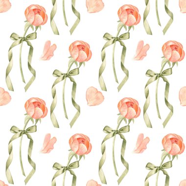 Şakayık tomurcukları, yeşil kurdele akan kuyruklar, sulu boya deseni beyaza izole edilmiş. Hediyelik eşya dükkanı, düğün kırtasiyesi, hayır işi ambalajı, romantik grafik tasarım projeleri için ideal..