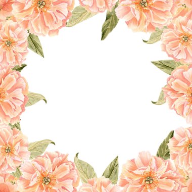  Suluboya şeftali rengi şakayıklar ve yeşil yapraklardan oluşan kare bir sınır, düğün davetiyeleri, kırtasiyeler, zarif markalar, ambalajlar, tebrik kartları ve romantik kağıt tasarım projeleri için elle boyanmış..