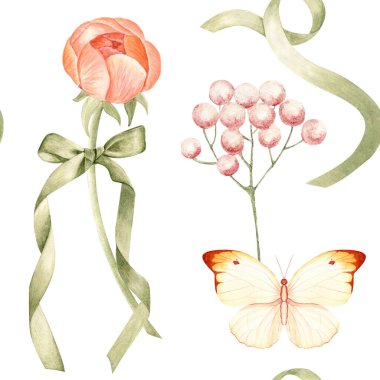 Şakayıklar, kelebekler, pembe böğürtlenler, yeşil kurdeleler suluboya beyaz üzerinde romantik desenler. Pastel renklerle boyanmış. İdeal düğün, kırtasiye, markalaşma, tekstil, ambalaj kadın tasarımı.