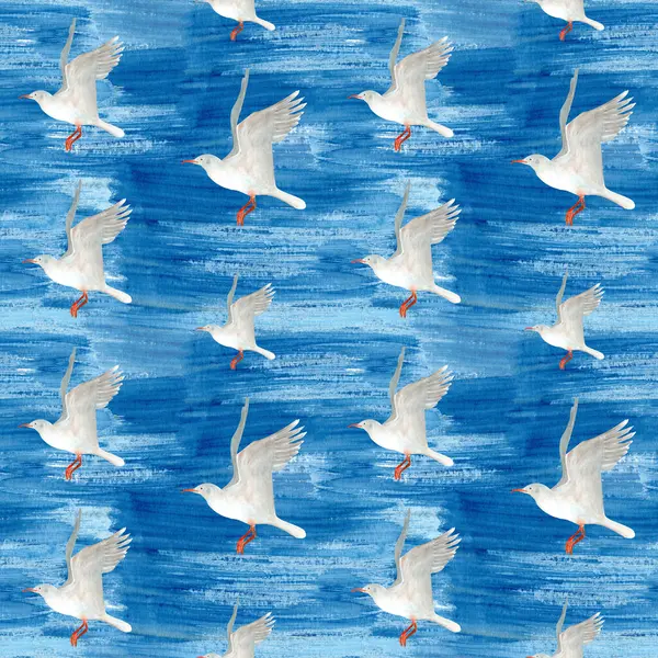 Uçan martı suluboya mavi arka planda pürüzsüz desen. Kartlar, durağanlık, yapıştırma kitabı, ambalaj kağıdı, deniz turizmi ürünleri, yemekler, tekstil dekorasyonu için yüksek kaliteli el yapımı klip sanatı.