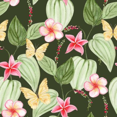 Kamp biberi biber bitkisi, sarı kelebekler ve su tesisatı çiçekleri koyu yeşil arka planda dikişsiz desen. Paketleme, aşçılık tasarımı, markalaşma, tekstil veya ekolojik etiketler için mükemmel.