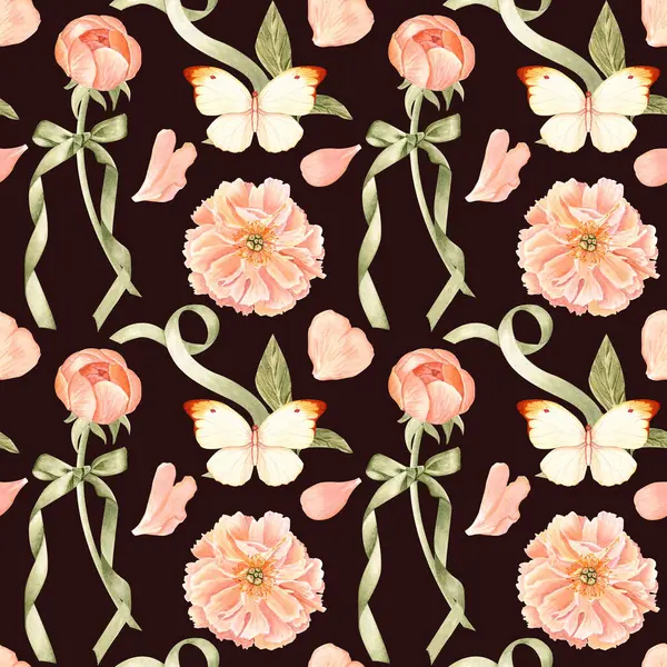 Şakayıklar, kelebekler, taç yaprakları, ve yeşil kurdeleli suluboya desenli beyaz. Yumuşak pastel tonlarda elle boyanmış. Düğün kırtasiyesi, markalaşma, tekstil, ambalaj ve kadınsı tasarım için ideal.