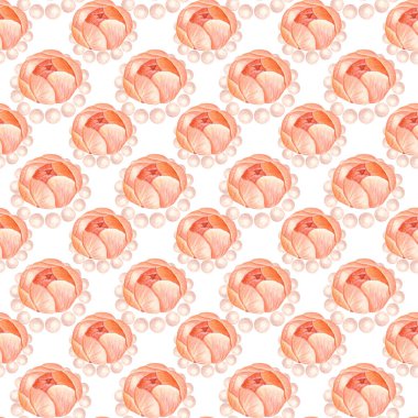 Pembe şakayık çiçekleri incilerle çevrili zarif tekrarlayan dizayn sulu boya deseni beyaz arkaplanda izole edilmiş. Kumaş baskıları, düğün dekorasyonu, kadınsı damgalama, ambalaj için mükemmel. Gül