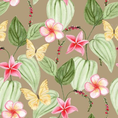 Biber taneli Kampot biberi bitkisi, sarı kelebekler ve su tesisatı çiçekleri moka arka planında dikişsiz desen. Paketleme, aşçılık tasarımı, markalaşma, tekstil veya ekolojik etiketler için mükemmel.