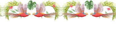 Uçan tropik kuşlar, palmiye yaprakları, çiçekler. Suluboya yatay kenarı beyaza izole edilmiş. Egzotik markalaşma, yaz davetiyeleri, ambalaj, tekstil ve seyahat tasarımı için el boyaması sanat ideal..