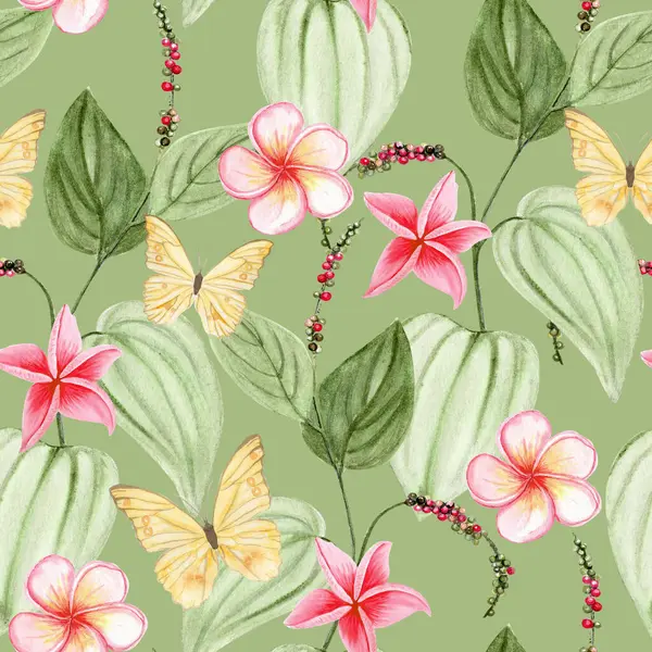 Biber taneli Kampot biber bitkisi, sarı kelebekler ve su tesisatı çiçekleri yeşil arka planda dikişsiz desen. Paketleme, aşçılık tasarımı, markalaşma, tekstil veya ekolojik etiketler için mükemmel.