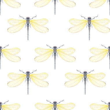 Sarı yusufçuk, şeffaf kanatlar, beyaza izole edilmiş dikişsiz suluboya desen. Doğa markalaşması, ambalaj, çevre dostu tasarım, kırtasiye, duvar sanatı, düğün, bebek partisi temaları için ideal