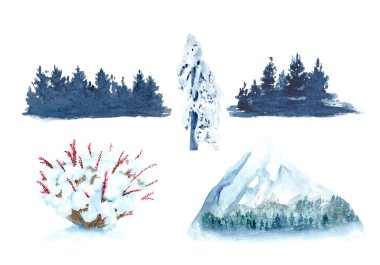 Kış manzarası elementleri, karlı ağaçlar, dağ, kırmızı böğürtlenli çalılar. Kartlar, ambalajlar, markalar, posterler, seyahat, macera, tatil tasarımları, posterler için serin tonlu doğal suluboya seti
