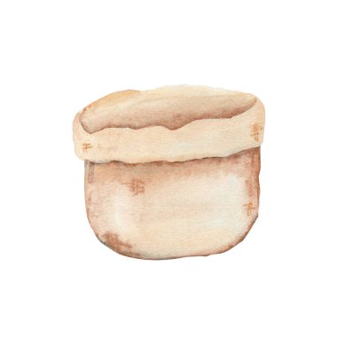 Doğal bej tonları olan boş keten kumaş torbası beyaza izole edilmiş suluboya çizimi. El boyaması sanat. Çevre dostu ambalaj, organik ürün markalaşması ve kırsal mutfak kompozisyonları için mükemmel..