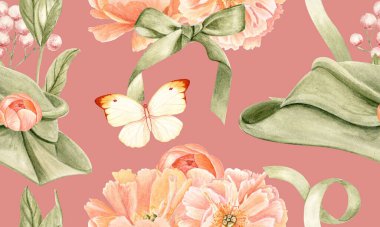 Yeşil şapka, fiyonk, pembe çiçekler, krema kelebekleri, böğürtlen ve yeşil yapraklar pembe arka planda pürüzsüz suluboya deseni. Kumaş, ambalaj, ambalaj kağıdı, düğün ve klasik tasarımlar için mükemmel..